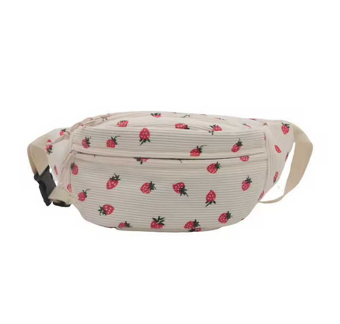 Corduroy Fanny Pack - White Strawberry Print